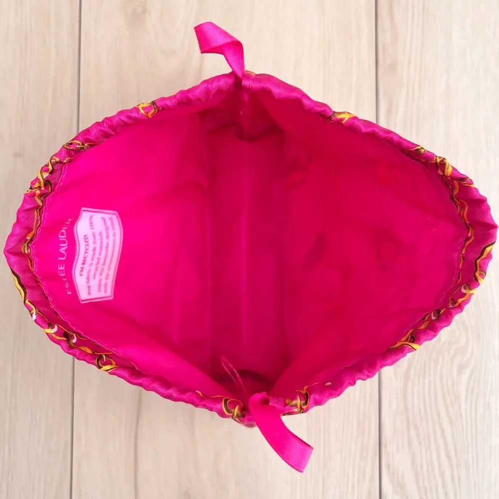 Estee Lauder Fuchsia Pink Gold Chain 90s Pattern Drawstring Makeup Bag